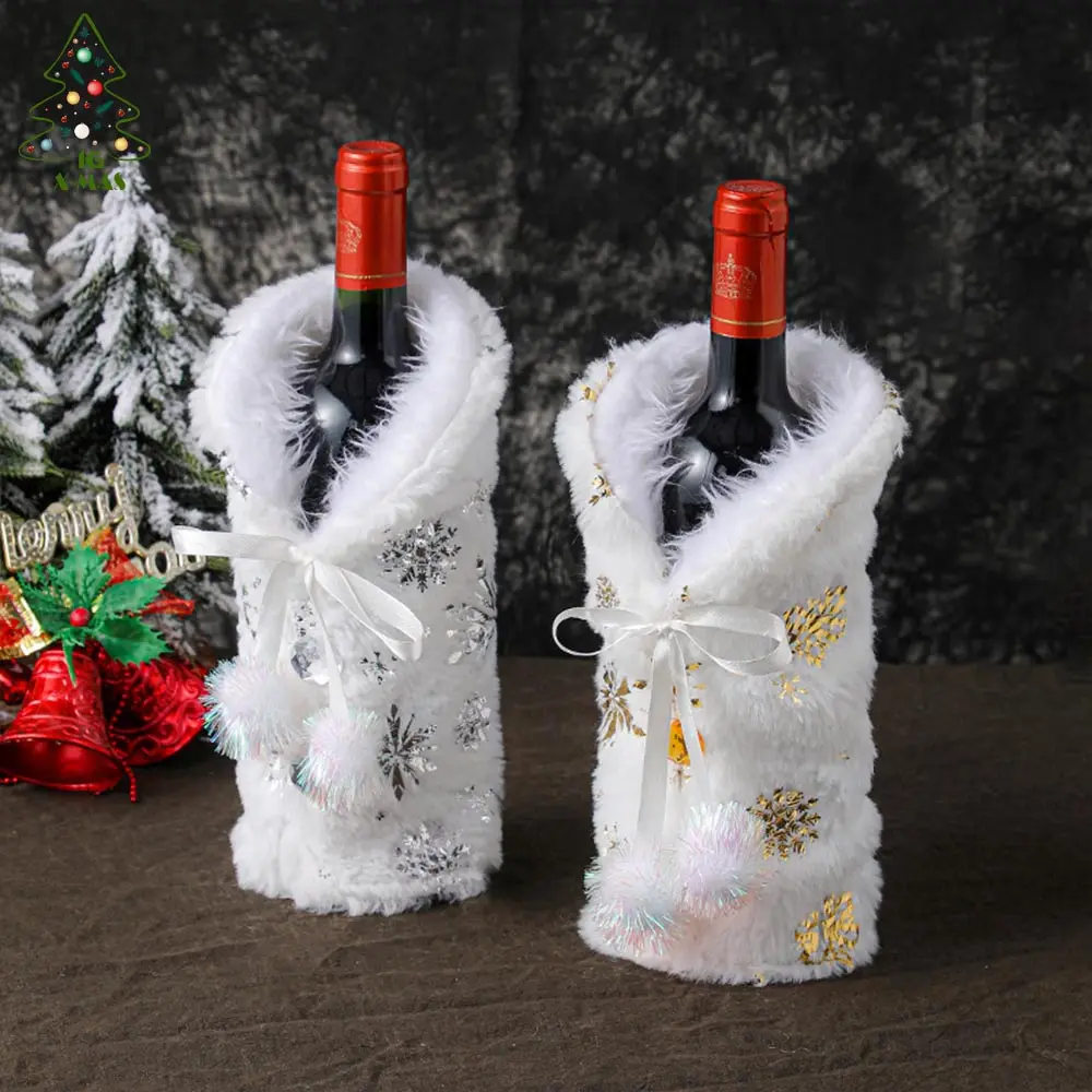KG Xmas Decorations Noel Navidad White Velvet Thick Christmas Wine Bottle Cover Wine Bottle Bag With Stamping Snowflakes