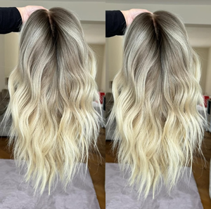 Peluca rubia <span class=keywords><strong>ceniza</strong></span> balayage ombré de cabello humano, larga, con ondas sueltas, frontal de encaje, pre-arrancada, con línea de cabello natural, de cabello virgen para mujer - Product Image 5