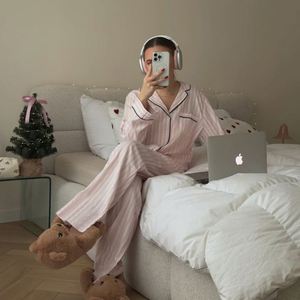 Blusa y pantalones a rayas <span class=keywords><strong>rosas</strong></span> 2025 personalizados, ropa de salón, conjunto de dos piezas para mujer, pijamas de satén, conjunto de pijamas para mujer - Product Image 3