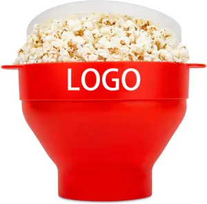 사용자 정의 로고 홈 DlY 전자 레인지 팝콘 메이커 접이식 뜨거운 공기 실리콘 팝콘 그릇 뚜껑이있는 포퍼 그릇