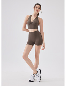 Shorts de sport unis pour femmes, extensibles dans 4 directions, effet peau de pêche, taille haute, pour la course et le Pilates - Product Image 4