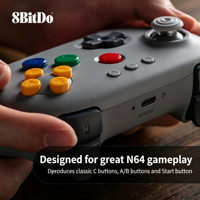 Manette 8BitDo N64 BT grise pour Analogue 3D, Switch, Switch 2, Windows, Android avec joysticks à effet Hall