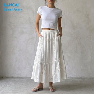 Boho Embroidered <strong>Skirt</strong> Verified Supplier OEM ODM Service Custom <strong>White</strong> Elastic Waist Tiered <strong>Maxi</strong> <strong>Skirt</strong> For Women Beach Wear - Product Image 2