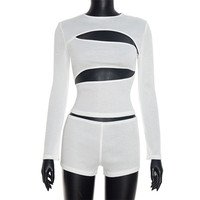 Ensemble 2 pièces sexy ajouré pour femme, couleur unie, col rond, manches longues, crop top slim et short moulant, tenues tendance