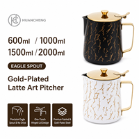 Pichet à Latte Art HC en Acier Inoxydable 600-2000ml, Bec Turc avec Couvercle et Poignée Dorée, OEM 5 pièces pour Cafés et Vente au Détail