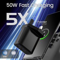 Chargeur mural double PD 50W 25W Type-C avec prise UK, adaptateur de charge rapide pour ordinateur portable, appareil photo, tablette et écouteurs avec protection OTP/OVP