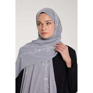 Lightweight Breathable <b>Embroidered</b> <b>Shawl</b> Grey White Floral Design Cotton Silky Crescent Weave Graduation Stole Pashmina Style - Product Image 1