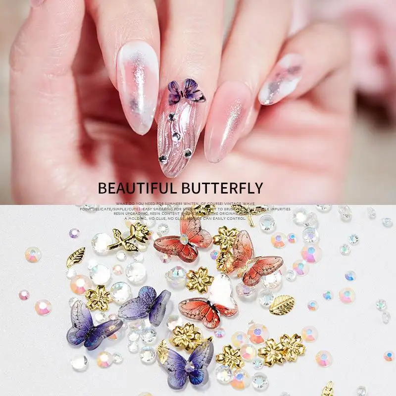 Popular Nail Beauty Products Resin Butterfly Nail Jewelry Rhinestone Stones DIY Nail Art Decorations Accessories