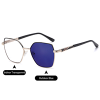 Lunettes photochromiques anti-lumière bleue pour femmes, monture géométrique polygonale en métal avec charnière à ressort