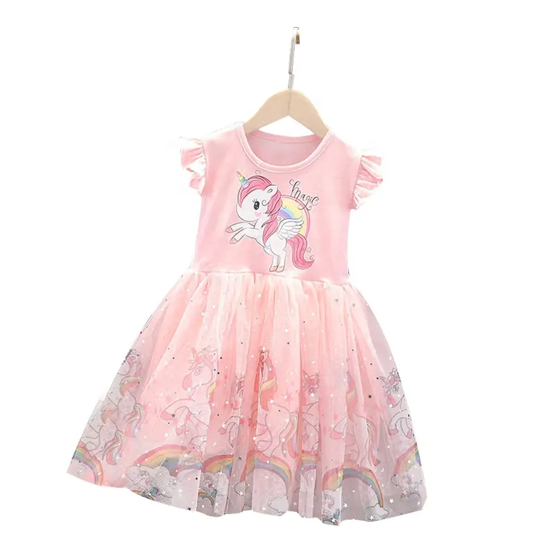 Summer Dress For Kids Children Clothing ruffle Sleeve cartoon mesh cute Princess Girls' Dresses