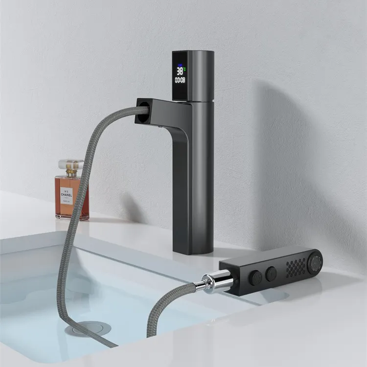 温度デジタルディスプレイ付きバスルーム用デッキマウントプルアウト洗面器ミキサー蛇口