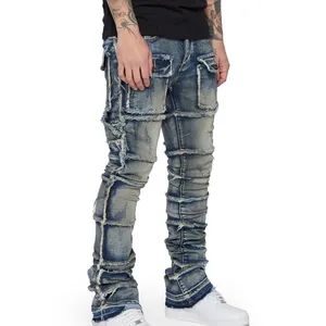 Hoge Kwaliteit Fabrikant Slim Fit Vintage Gewassen Mannen Distressed Edge Denim Gestapelde Uitlopende Jeans