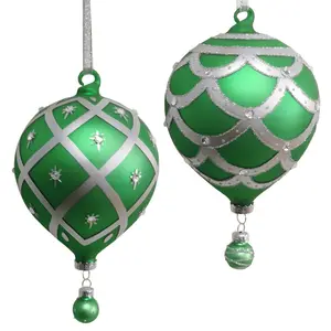 bead detailing Christmas Green Glass Blown Hot Air Balloon Ornament Xmas bauble balloon ornament for sale