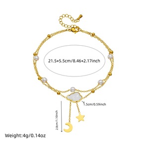 Tobillera de Dos Capas con Diseño de Estrella, Luna y Nube, Chapada en Oro, Acero Inoxidable, Incrustaciones de Concha, Colgante de Perla Sintética, Estilo Minimalista - Product Image 6
