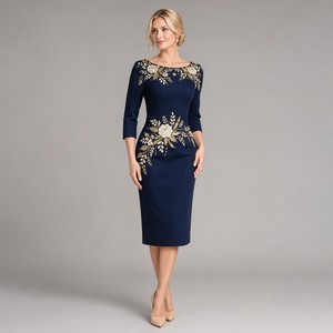 <span class=keywords><strong>Vestido</strong></span> Largo Formal de Mujer Jinyuan, <span class=keywords><strong>Azul</strong></span> <span class=keywords><strong>Marino</strong></span>, Cuello Redondo, Corte Trompeta/Sirena, con Manga 3/4, Tejido Antirarrugas, Suministro ODM - Product Image 6