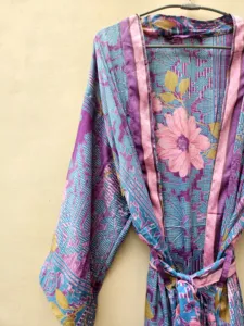 Vestido Kimono Largo de Seda India Vintage con Estampado Floral, Transpirable y Suave, Estilo Hippie Bohemio para Mujer, con Cintura Elástica - Product Image 3