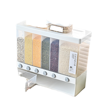 Organisateur de rangement de cuisine mural à 6 compartiments, distributeur de riz, conteneur pour céréales/aliments secs, forme rectangulaire en plastique PP