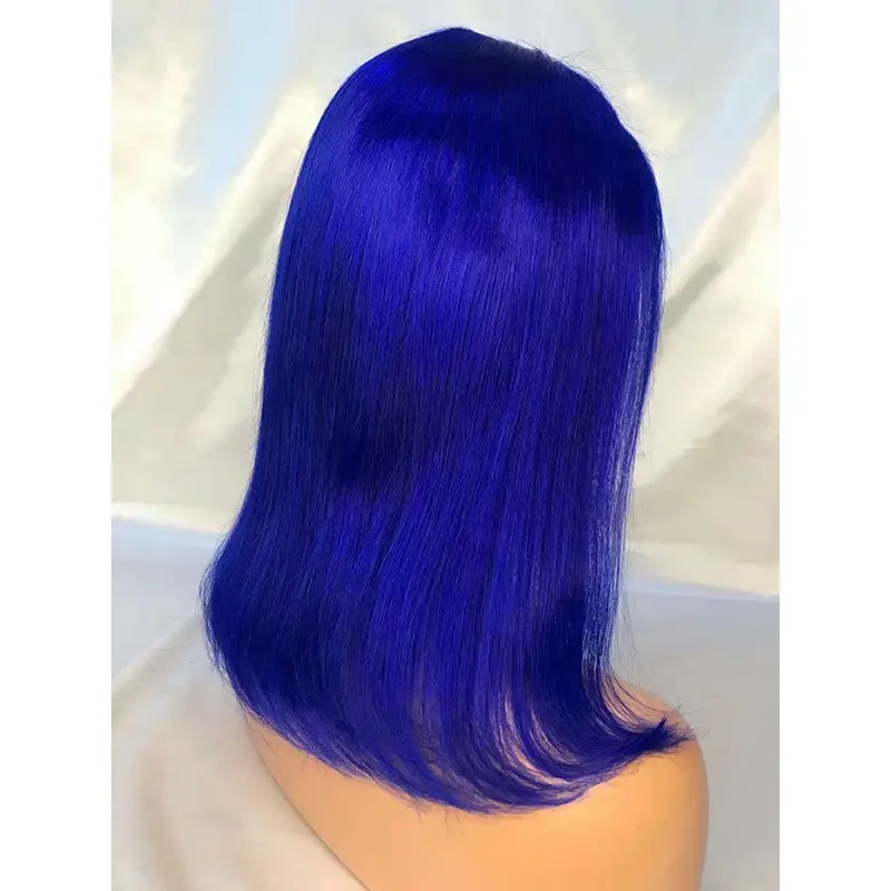 Solución para la pérdida de cabello, cabello humano virgen de color azul profundo, estilo bob corto, transparente, encaje frontal con línea de cabello natural