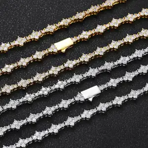 Diseñador 6,5mm Hip Hop Iced Out Flower Cluster CZ Tennis Chain Collar Star Cubic Zircon Tennis Chain Collar para Mujeres Hombres