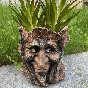Human Face <b>Tree</b> Stump Flower <b>Pot</b> Resin Outdoor Home Garden Planters Green Bearded Design Creative Decor - Product Image 3