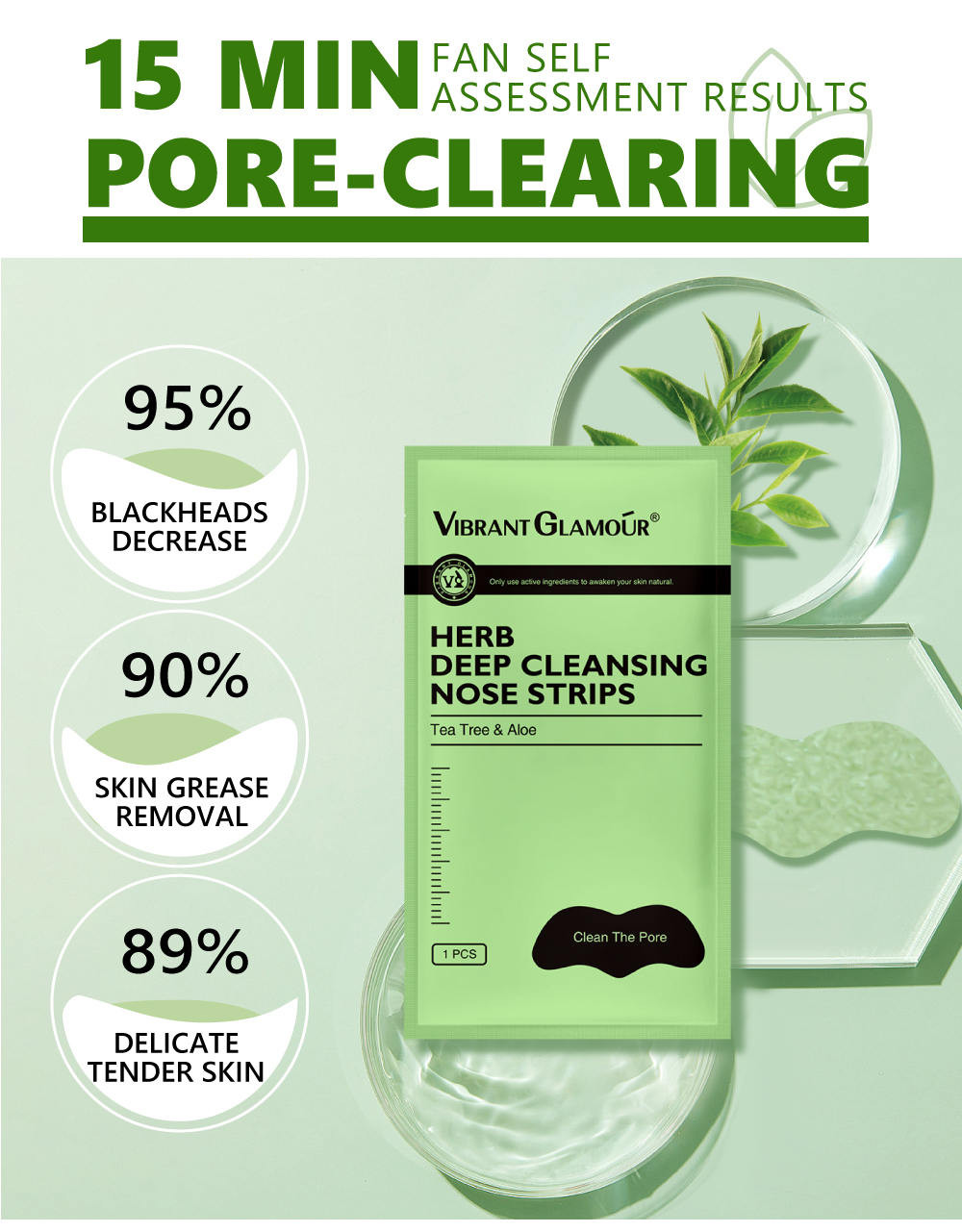 VIBRANT GLAMOUR Private Label Peel-Off Pore Shrink Skin Care Tea tree Aloe Blackhead Remover Herb Deep Cleansing Nose Strips