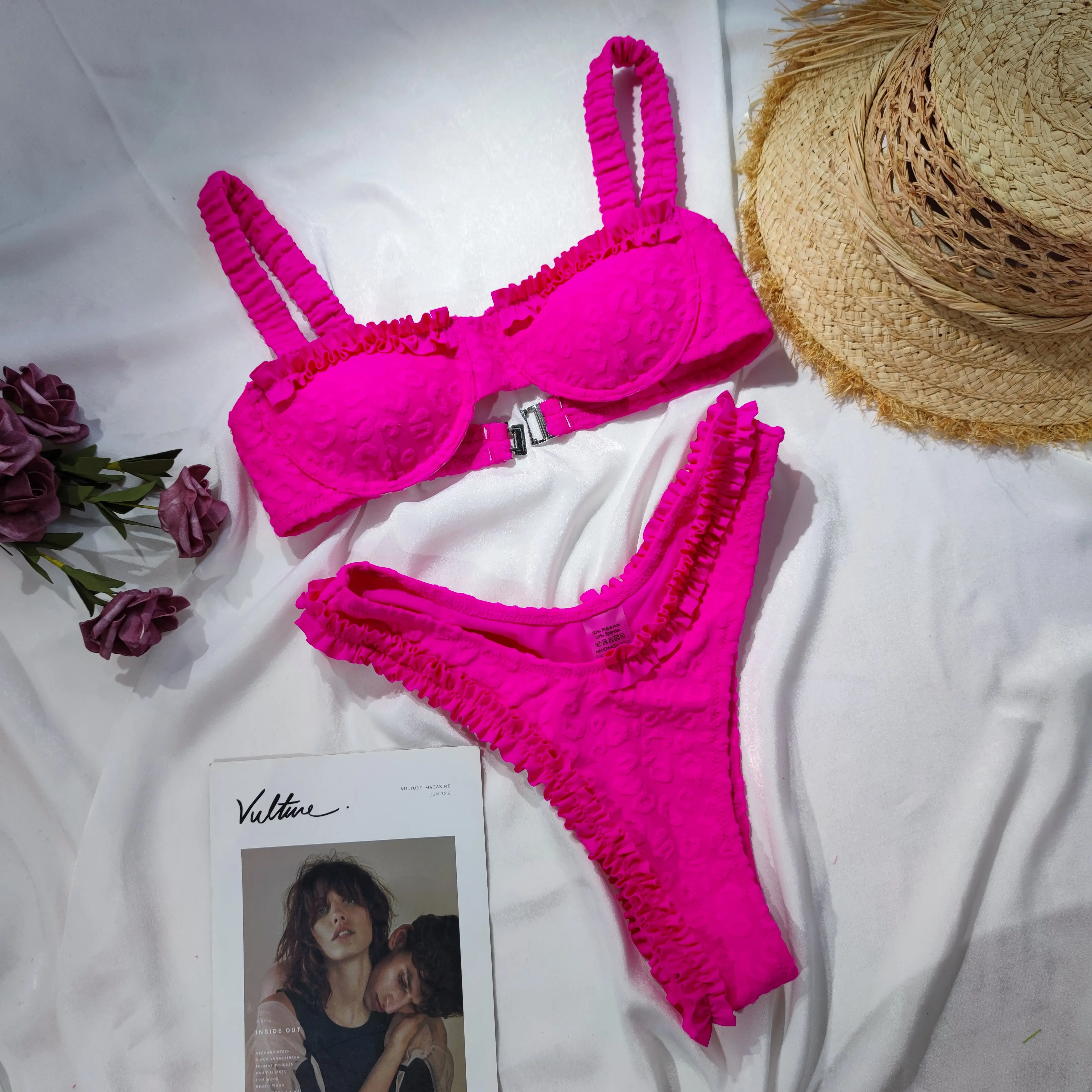 Custom Design Swimwear Hot Pink Leopard Bikini Custom Terry High Quality Bikini Set 2023