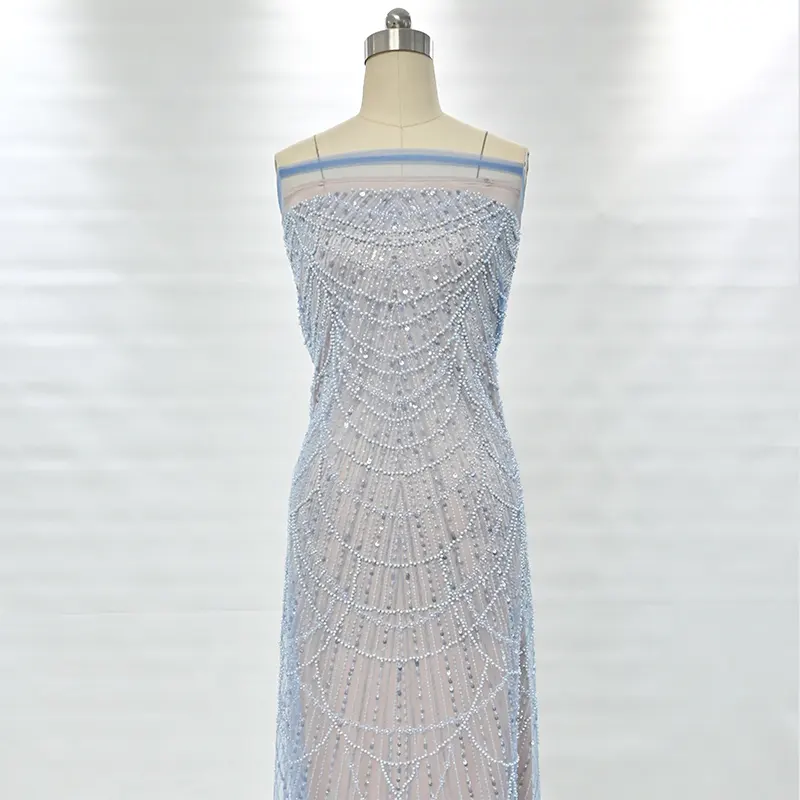 2023 Hot Sale Blue Dubai Pearl Fabrics Sequin Net lace fabrics Beads Sequined