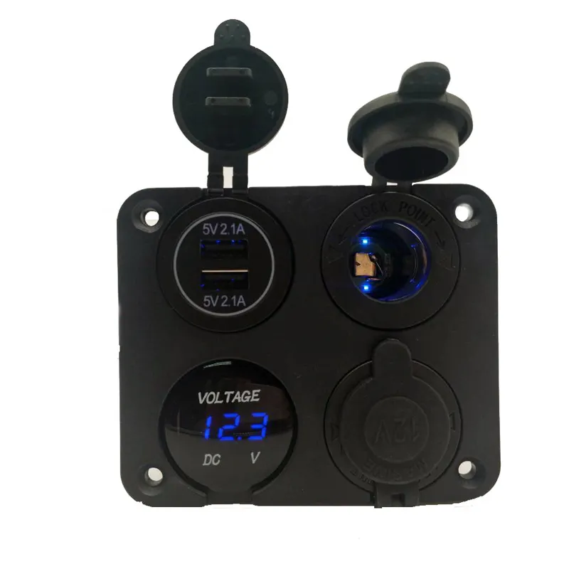 Car USB Charger Socket Waterproof 4in1 12v Charging Socket With Led Voltmeter Cigarette Lighter RV Marine Socket Panel