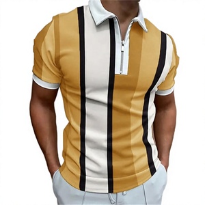Men's Striped Short Sleeve <b>Polo</b> <b>Shirt</b> With Zipper Color Blocked Casual Knitted Design <b>Blue</b> White Black - Product Image 5