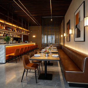 Ensemble table et chaises de bar carrées en bois et cuir, style café-bistro haut de gamme moderne, mobilier commercial écologique et durable - Product Image 4