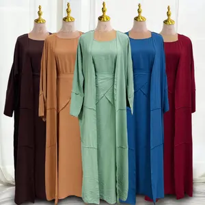 Grosir Setelan Busana 3 Potong Gaun Muslim Dubai Wanita Sederhana Pakaian Abaya Islami Terbuka