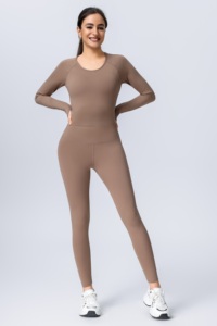 2 Piece Yoga Set Scoop Neck Long Sleeve High Waist Full Length Leggings Solid Color Seamless Spandex Polyester - Product Image 1