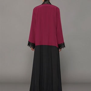 1565# Modest Elegant Kaftan Design Upper Part Maroon Splice Black With Pretty Black Flowers Border Open <b>Abaya</b> - Product Image 6