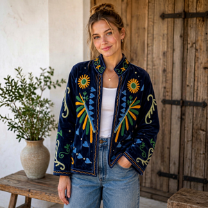 Luxury Handmade Stunning Blue <b>Velvet</b> Suzani Embroidered Jacket Boho Floral Peace Statement Kimono <b>Coat</b> Indian Artisan Outerwear - Product Image 1