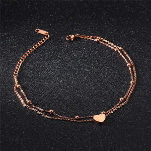 Bracelet <span class=keywords><strong>de</strong></span> <span class=keywords><strong>cheville</strong></span> minimaliste double couche avec pendentif cœur personnalisé poli miroir, chaîne <span class=keywords><strong>gourmette</strong></span>, accessoires pour les pieds - Product Image 1