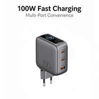 Charger USB-C GAN OTP 100W PD Baru Terlaris, Tahan Api, Standar EU, Layar Pintar, Adaptor Daya Laptop 3 Port, Pengisian Daya Multi-perangkat Cepat
