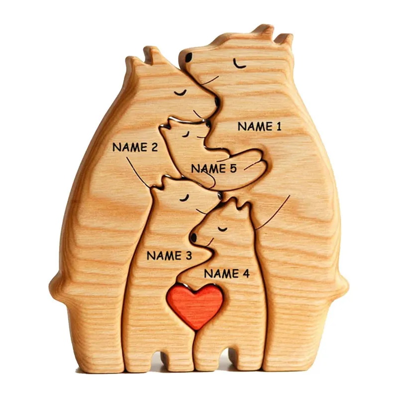 カスタマイズ可能な木製パズルオーク装飾ピース、クマ家族のハート型の固体木製パズルおもちゃ