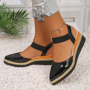 Sandalias de Plataforma con Cuña de Charol Negro para Mujer, con Correa en el Tobillo, Punta Abierta, Zapatos Casuales de Verano - Product Image 3