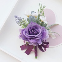 Boutonnière de mariée et de marié violette, fleur de poignet pour invité de banquet, corsage de poignet, fournitures de mariage, fleurs artificielles