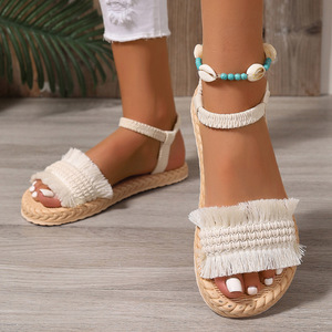 Los cordones de los zapatos con borlas de tendencia de moda para mujer son antideslizantes, resistentes al desgaste, cómodas, Sandalias de tacón plano de suela blanda - Product Image 4