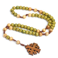 Perles en bois tissées à la main en gros Jérusalem Jérusalem Religieux Catholique Bijoux Croix Jésus Chapelet Collier