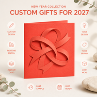 Carte de vœux personnalisée 2027 en papier artistique corail vif, design superposé ruban ton sur ton avec enveloppe, impression de logo OEM