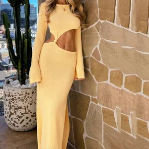 Gorgeous Long Flare Sleeves Customized Waist Back Cut Out Knot Front Side Split Ladies Women Knitted Maxi Dress