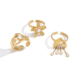 Fashion Rings Women's Gold Plated Zircon Star Shape Adjustable Ring Gift Jewelry Pave Setting Beach Style - Product Image 5