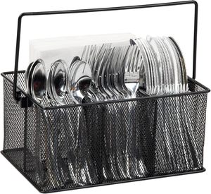 Organizador de Cubiertos Multiusos con Asa, Organizador de Mesa con Múltiples Compartimentos, Porta Utensilios de Malla Metálica Negra para Cocina - Product Image 1