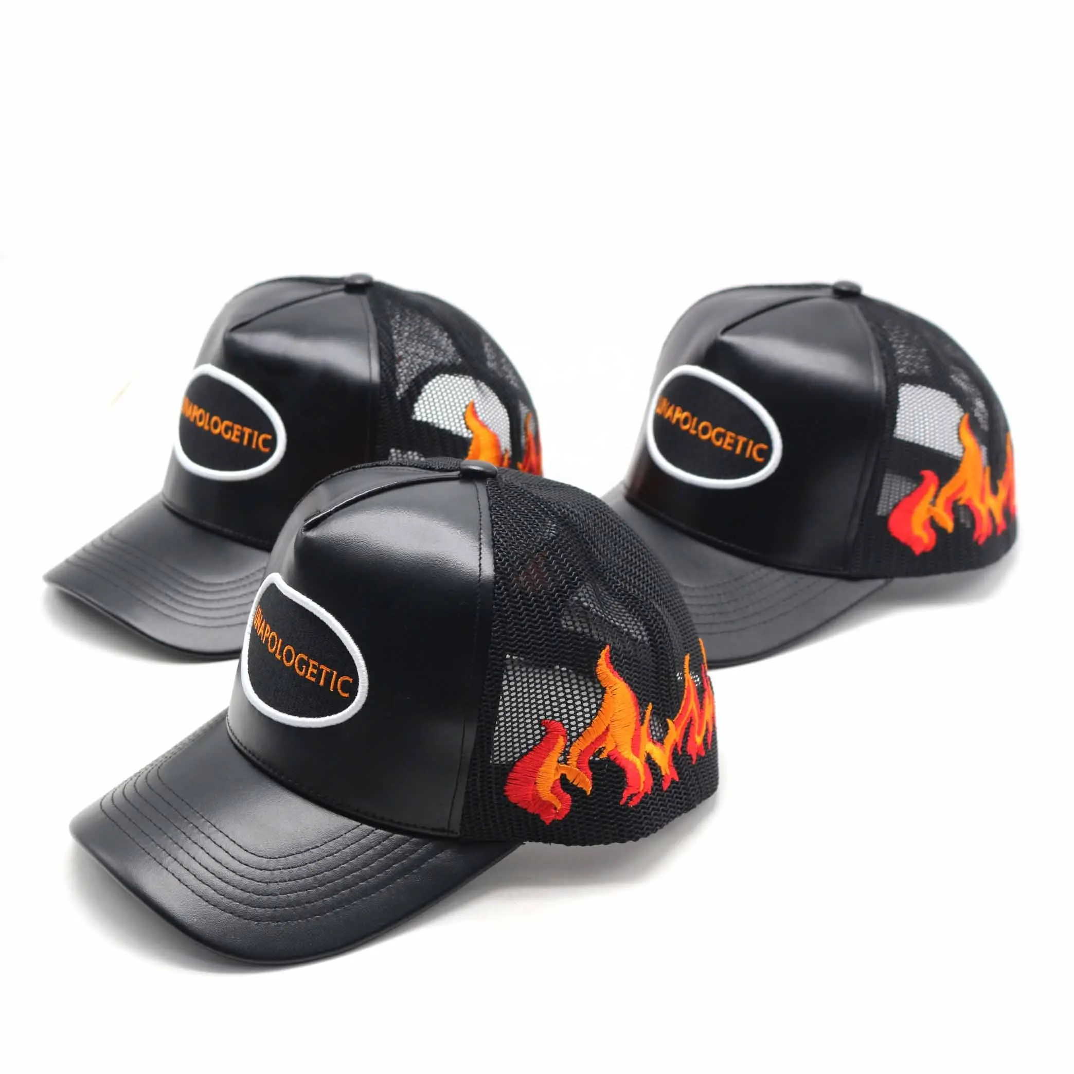 قبعات سائقي الشاحنات من الجلد عالي الجودة من الجلد الصناعي مع شعار الموضة بجانب النار