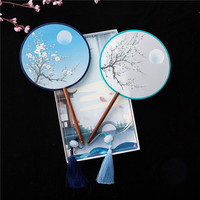 Éventail pliant en bambou translucide, style ancien de la dynastie Han chinoise, technique de peinture par estampage à chaud, avec longue poignée et pompon, pour la danse DIY