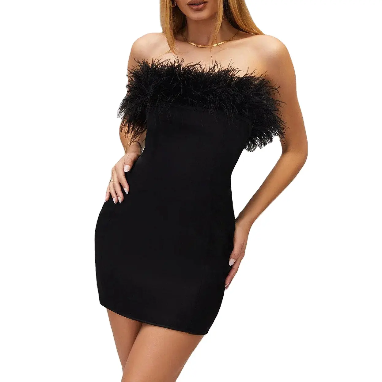 Wholesale custom off shoulder strapless mini bodycon silk satin night dress women elegant evening feather dress