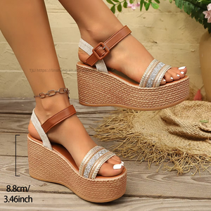 Sandales romaines compensées à plateforme pour femme, nouveau style d'été, à semelle épaisse et blocs de couleur - Product Image 2