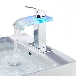 Robinet cascade en verre courbé avec siège de valve de 35 mm en cuivre, robinet de lavabo monobloc avec lumière LED - Product Image 2